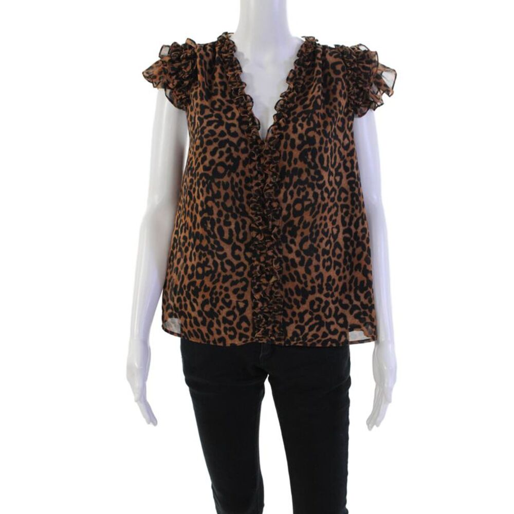 Generation Love Womens Short Sleeve V Neck Ruffled Leopard Top Brown Size XS